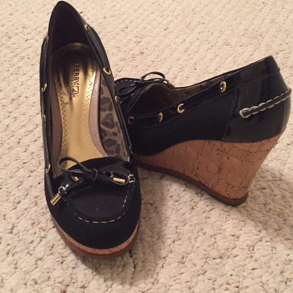 Sperry Topsider black wedge heel shoes, 9M